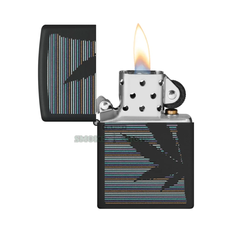 Zippo 48927 cannabis lighter open with the flip-top lid raised, showing the windproof chimney and wick