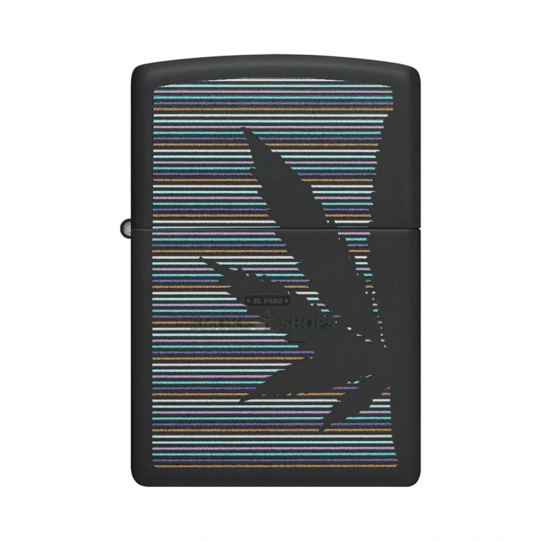 Zippo Cannabis Design windproof lighter in black matte, item 48927, front view showing a cannabis leaf silhouetted over colorful pinstripes