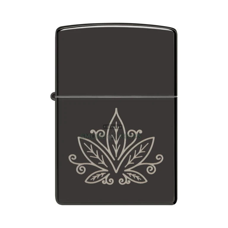 Zippo Cannabis Design lighter 48926 in High Polish Black with a laser-engraved cannabis leaf, closed front view