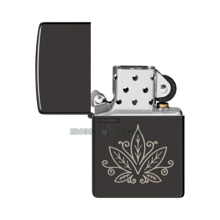 Zippo Cannabis Design lighter 48926 in High Polish Black with a laser-engraved cannabis leaf, closed front view