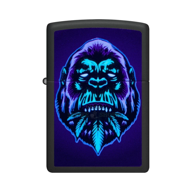 Zippo Cannabis Gorilla Black Light windproof lighter in Black Matte, model 48585, closed front view showing the gorilla and cannabis leaf design