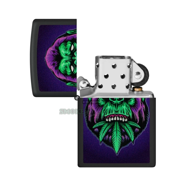 Zippo Cannabis Gorilla Black Light windproof lighter in Black Matte, model 48585, closed front view showing the gorilla and cannabis leaf design