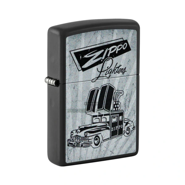 Zippo Car Design Black Matte windproof lighter model 48572 with vintage Zippo Car advertisement, front view