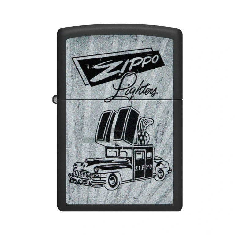 Black matte Zippo 48572 lighter open with flame showing the Color Image Zippo Car design