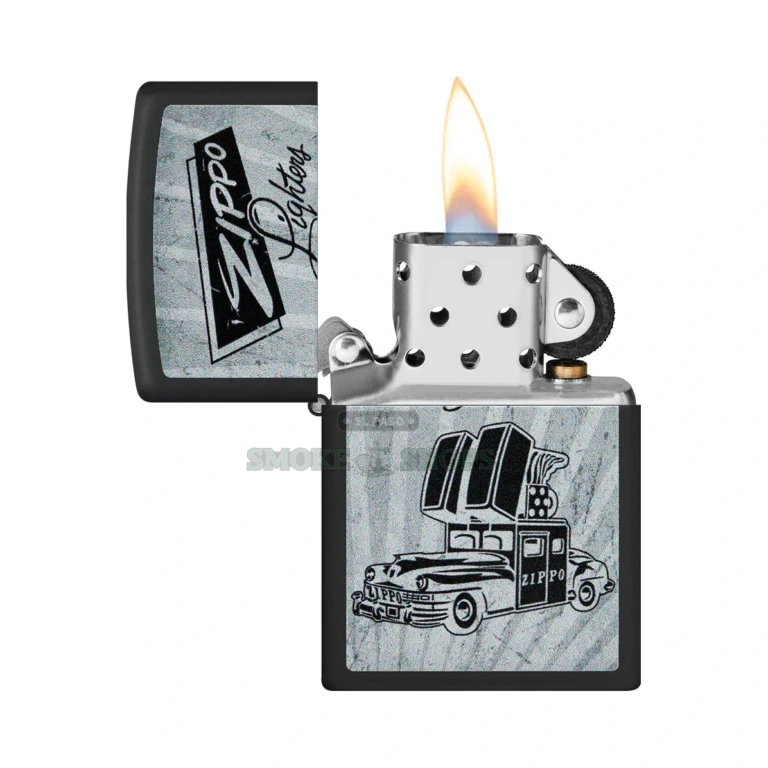 Back of the Zippo Car Design black matte case showing the monochrome vintage Zippo logo