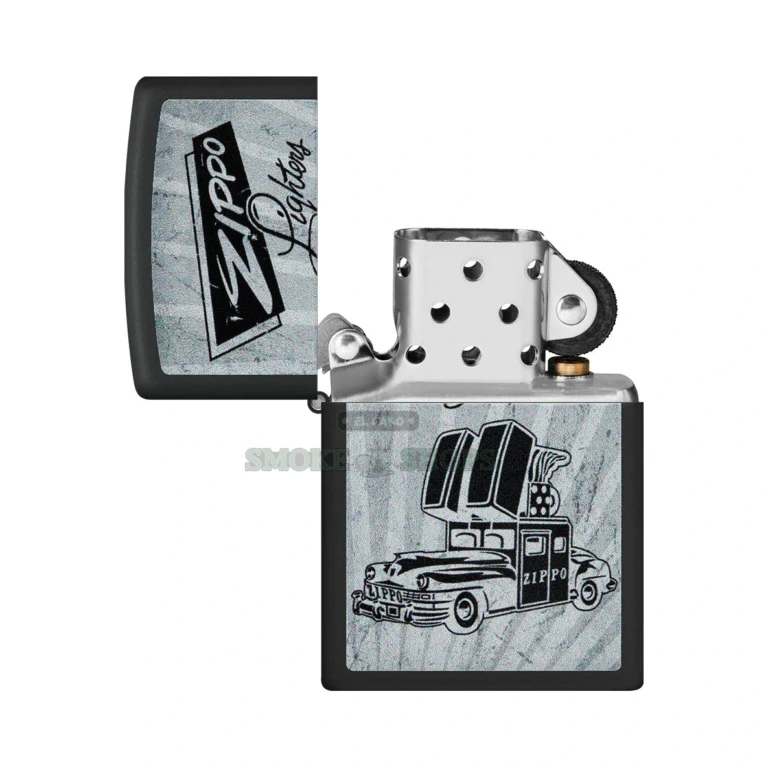 Zippo Car Design Black Matte windproof lighter model 48572 with vintage Zippo Car advertisement, front view