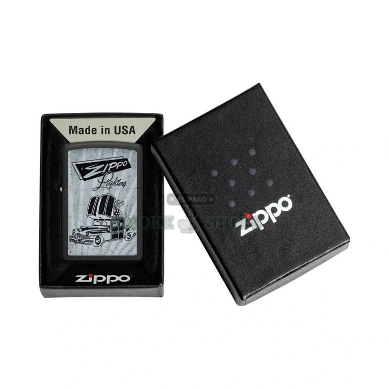Zippo Car Design Black Matte windproof lighter model 48572 with vintage Zippo Car advertisement, front view
