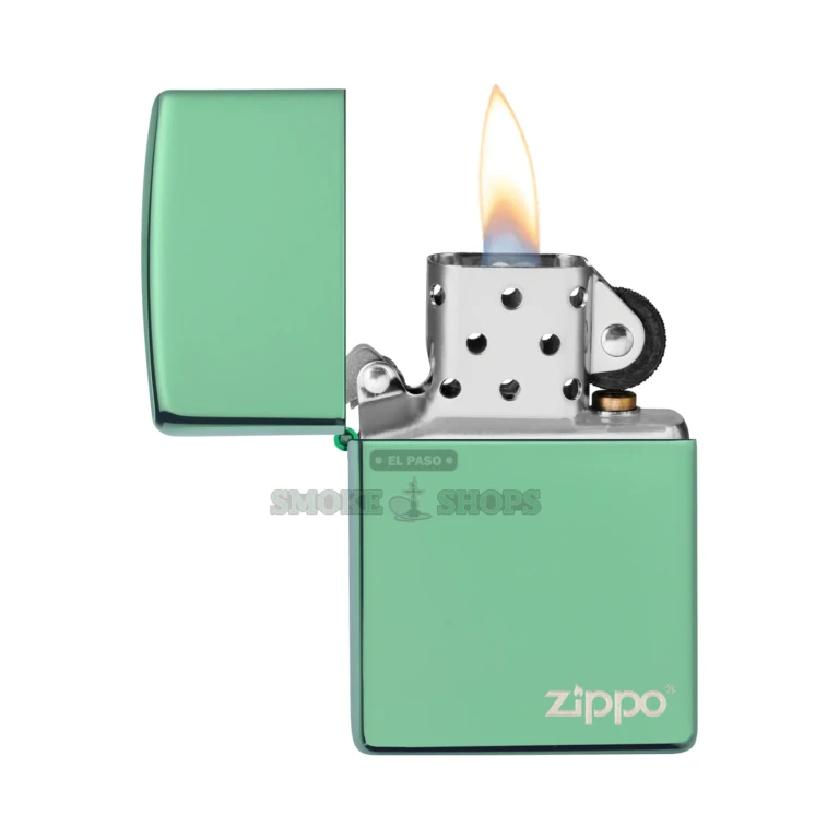 Side view of the iridescent green Chameleon Zippo case shifting from emerald to deep forest green in the light