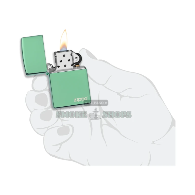 Zippo Chameleon high polish green windproof lighter, model 28129ZL, closed showing the iridescent green brass case and engraved Zippo logo