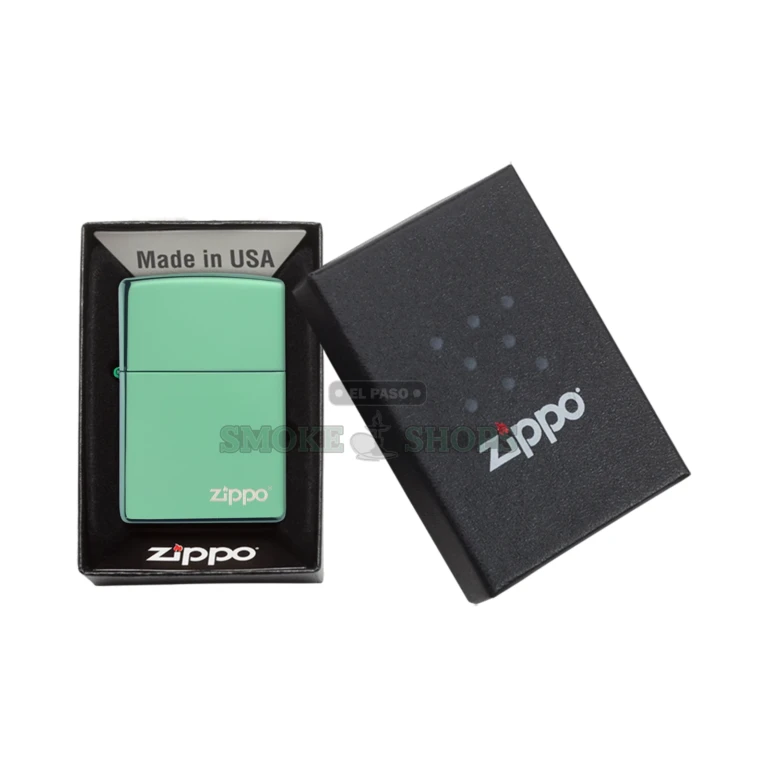 Zippo Chameleon high polish green windproof lighter, model 28129ZL, closed showing the iridescent green brass case and engraved Zippo logo