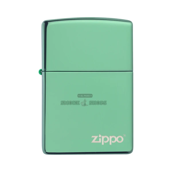 Zippo Chameleon high polish green windproof lighter, model 28129ZL, closed showing the iridescent green brass case and engraved Zippo logo