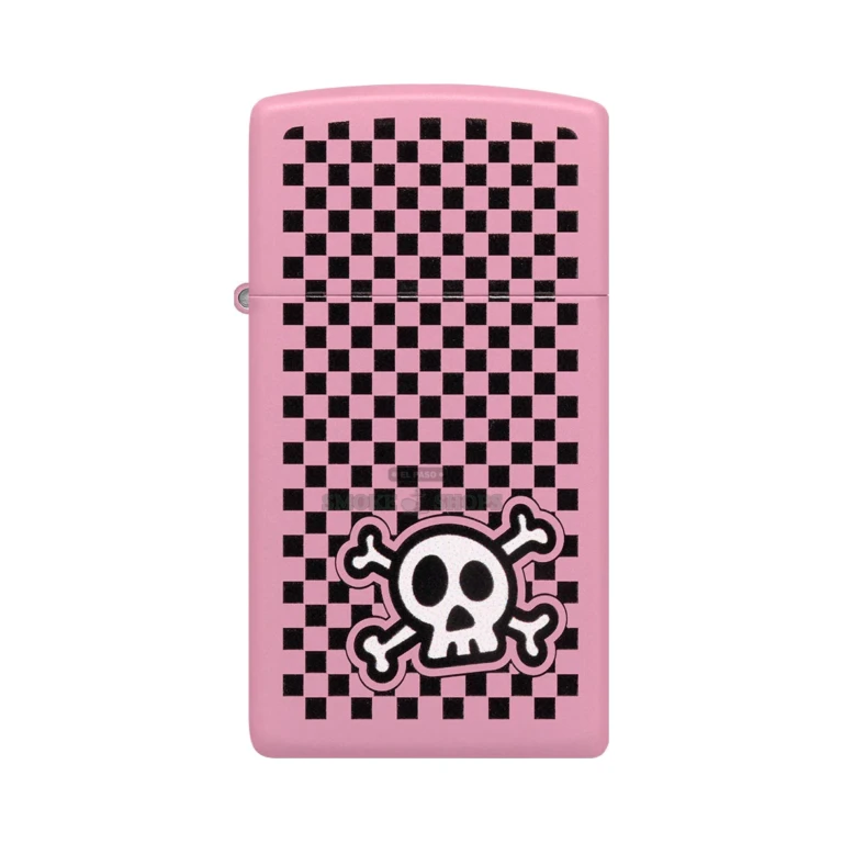 Pink matte Zippo Checkered Skull slim lighter open with the windproof flame lit
