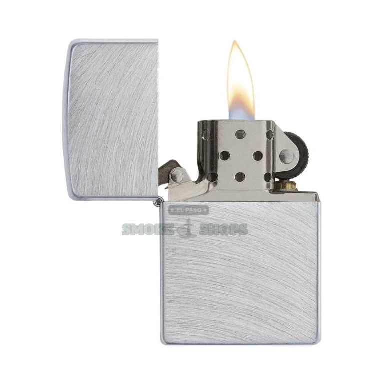 Zippo Chrome Arch lighter 24647 open with the lid up, showing the flint wheel and wick