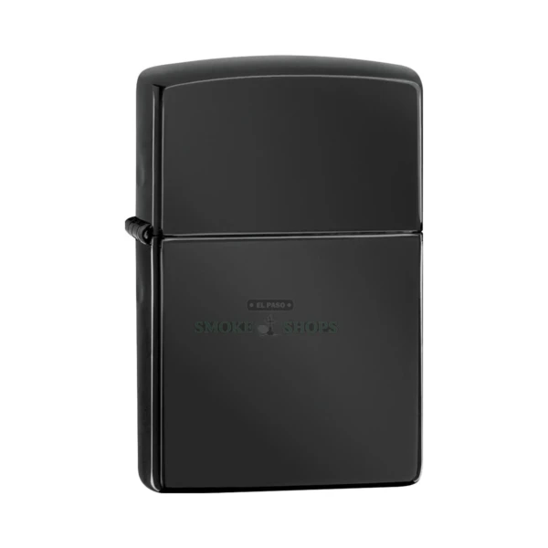 Zippo Classic Ebony windproof lighter model 24756 with intense black mirror finish, closed front view