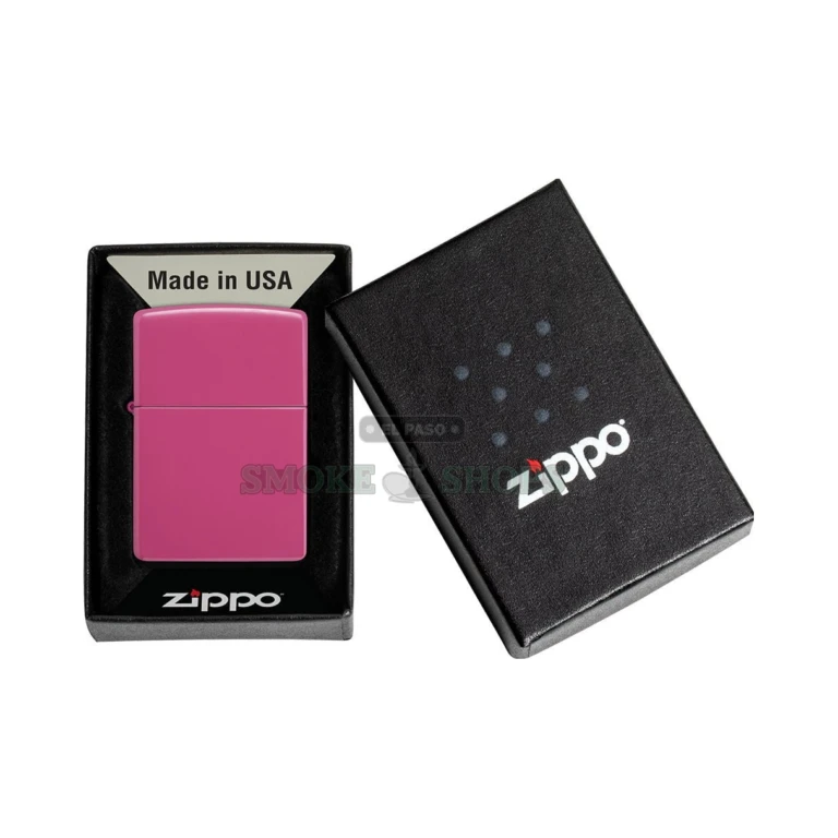 Hand holding the hot pink matte Zippo Frequency 49846 to show the Classic case size