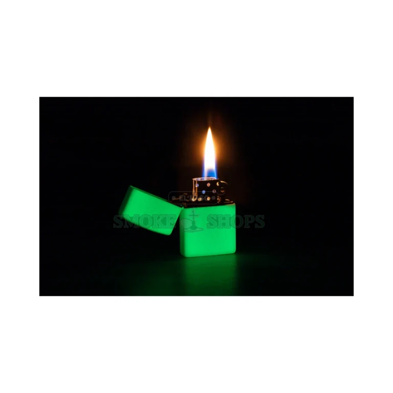 Zippo 49193 windproof lighter open with the flame lit, showing the chimney windscreen