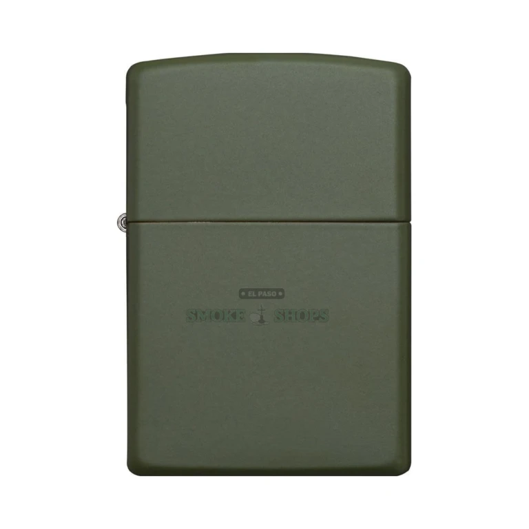 Zippo 221 green matte lighter open with the lid flipped back showing the flint wheel and wick