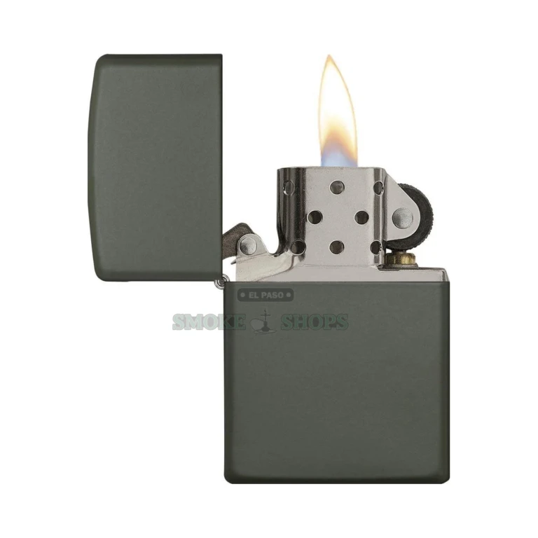 Lasered hinge and bottom stamp detail on the Zippo 221 green matte brass case