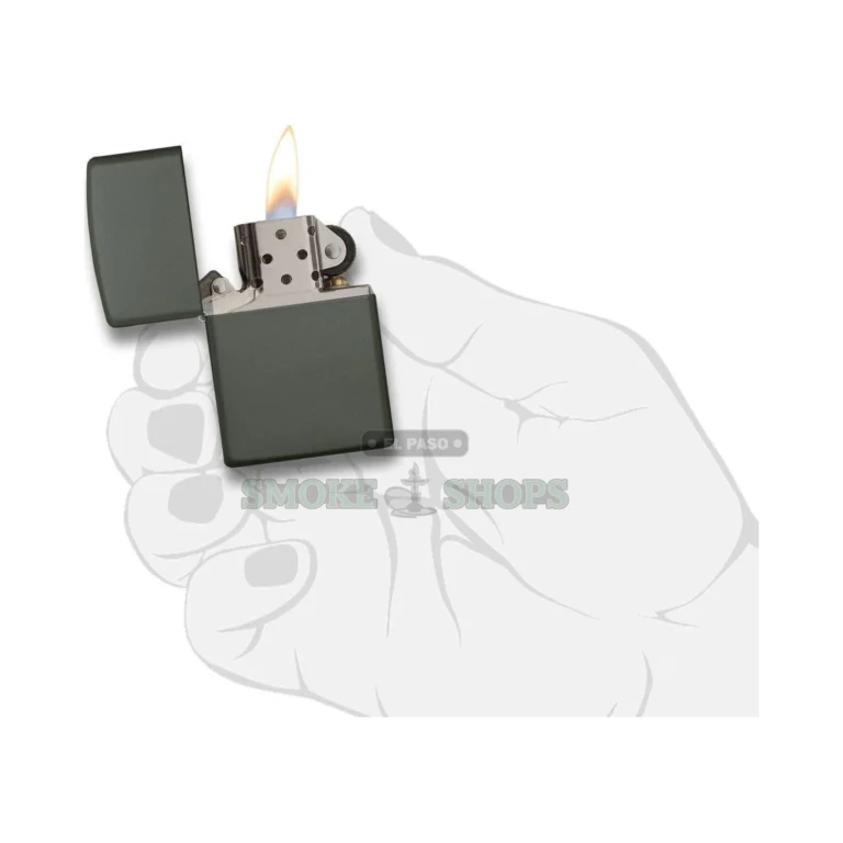 Zippo 221 green matte lighter held in hand to show the compact Classic case size