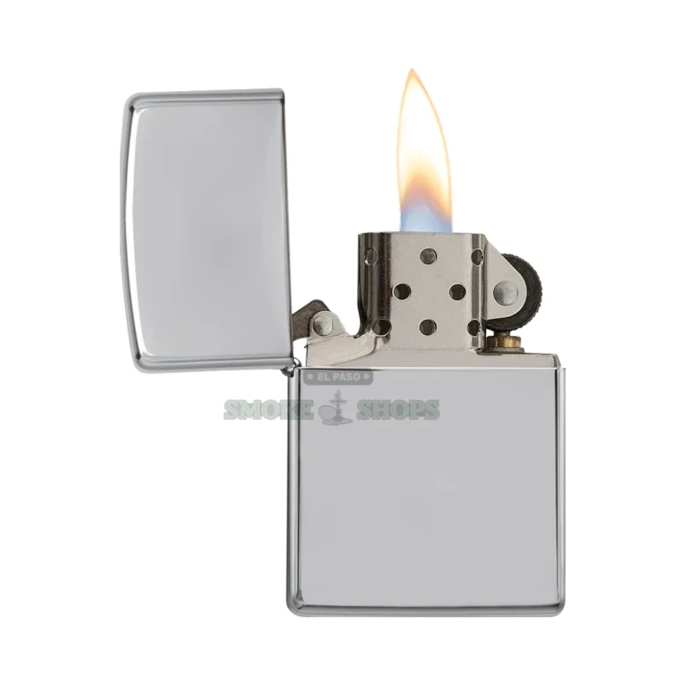 Zippo 250 high polish chrome lighter open, showing the flint wheel and windscreen