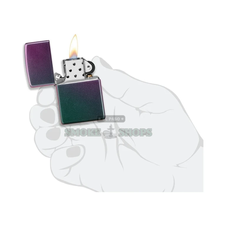 Zippo Classic Iridescent all-metal Classic case shown in hand for scale at El Paso Smoke Shops