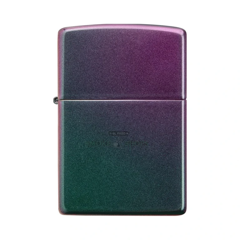 Zippo 49146 Classic Iridescent windproof lighter with turquoise-to-violet ombre satin finish, closed, front view
