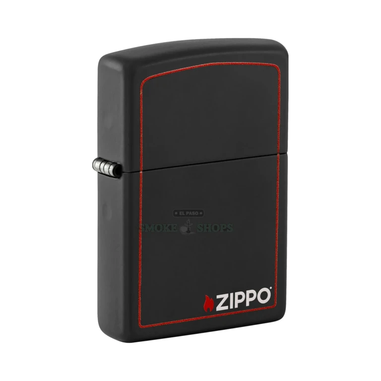 Black matte Zippo 218ZB open with flame lit, showing the brass windproof insert and wick