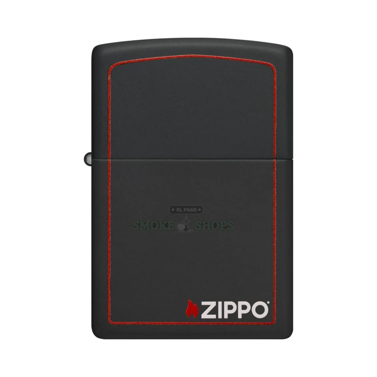 Red-border Zippo logo detail on the flat black matte 218ZB classic-size case