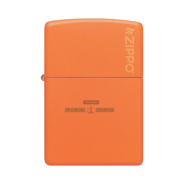 Orange matte Zippo 231ZL lighter open with the lid up, showing the flint wheel and chimney