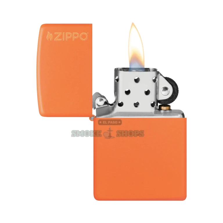 Zippo 231ZL orange matte lighter lit with a steady windproof flame