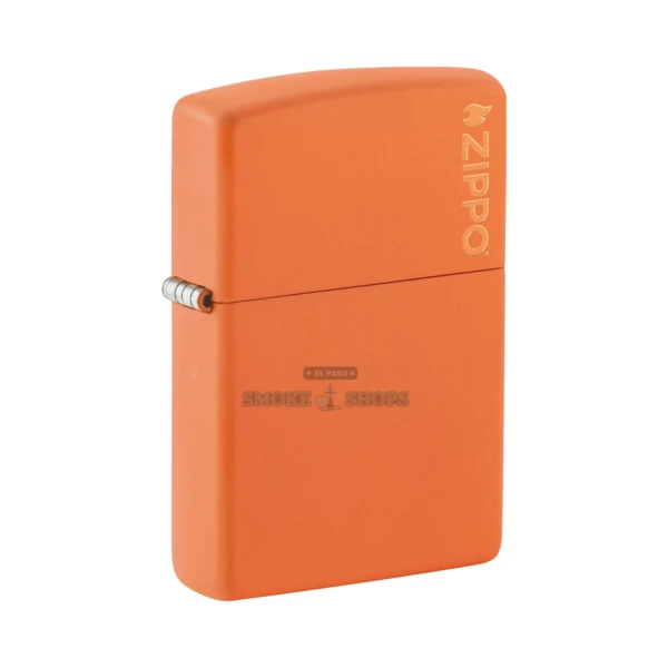 Zippo 231ZL Classic orange matte windproof lighter standing closed, front showing the embossed Zippo logo