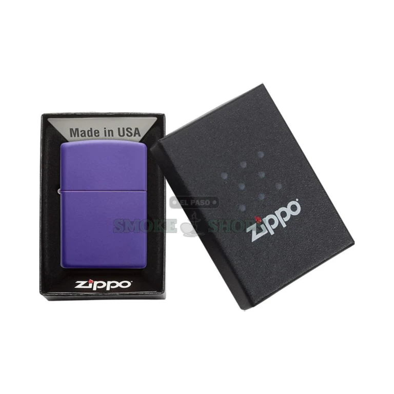 Zippo Purple Matte 237 lighter shown in its Zippo gift box