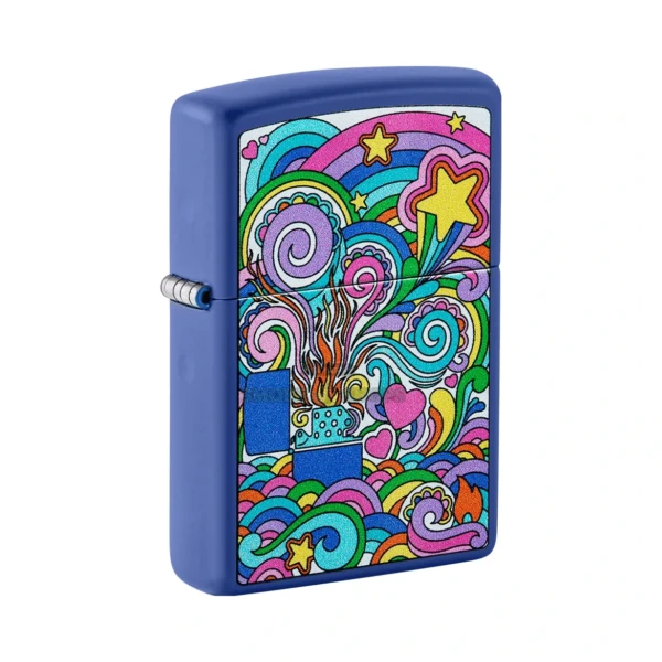 Zippo Color Image Abstract windproof lighter in Royal Blue matte with vibrant stars and swirls, model 48955, front view