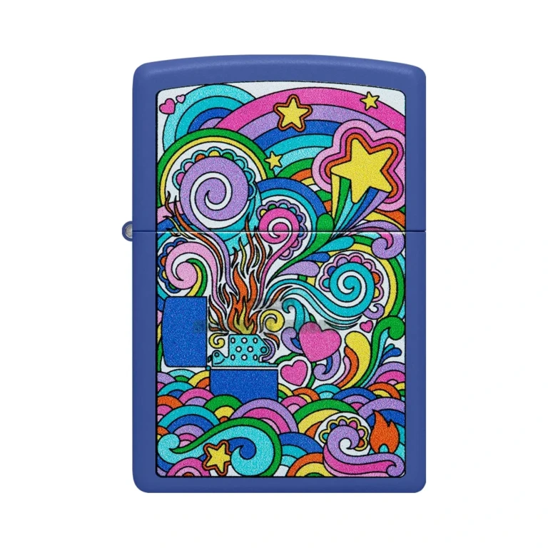 Zippo 48955 Abstract lighter shown open with the windproof flame lit against the Royal Blue matte case