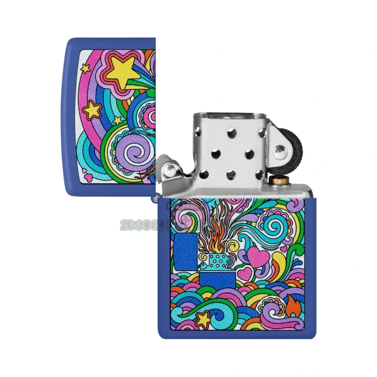 Zippo Abstract Royal Blue matte lighter shown closed, classic brass case profile