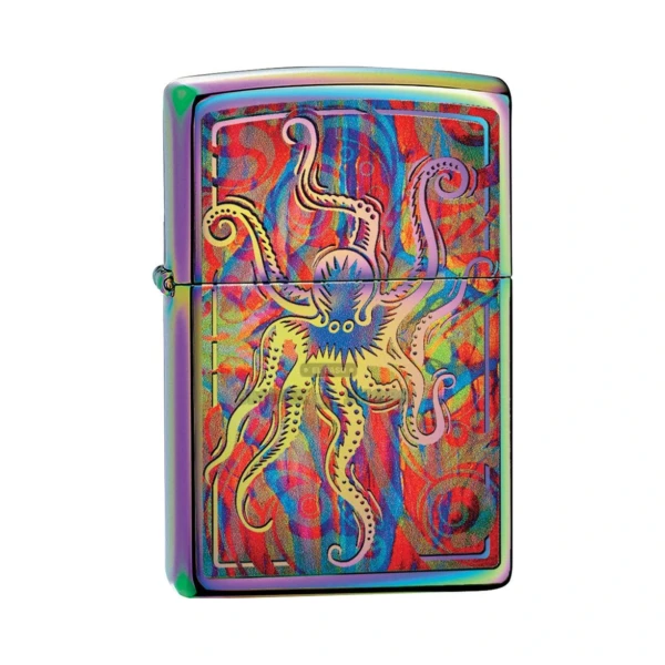 Zippo Colorful Octopus 540 Color windproof lighter, closed, showing the multi-color octopus wrapping the brass case