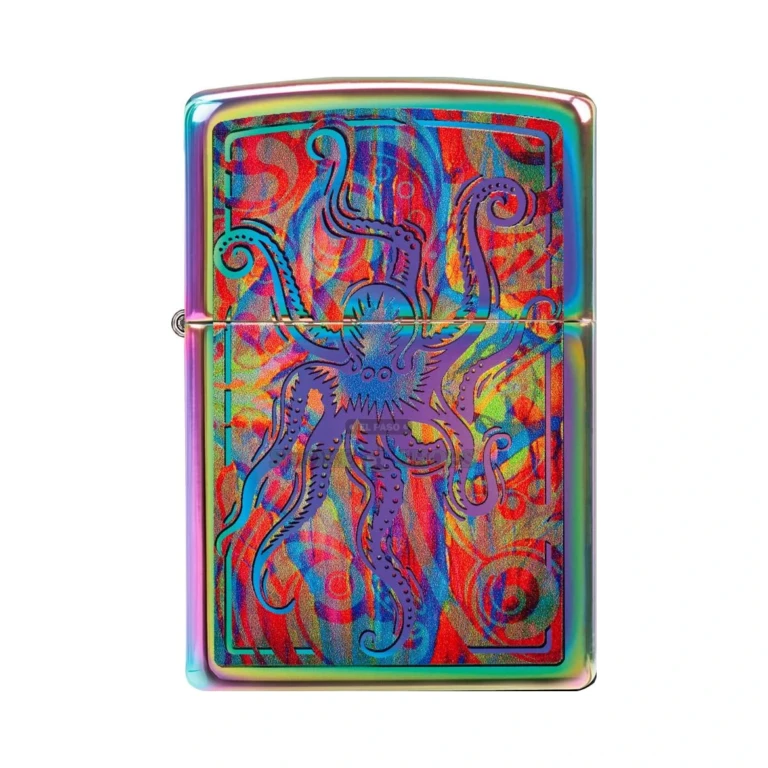 Zippo Colorful Octopus lighter open with the flame lit, multi-color 540 Color print