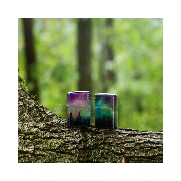 Front view of the Zippo Colorful Sky 48771 aurora borealis above a treeline on a 540 Color wrap