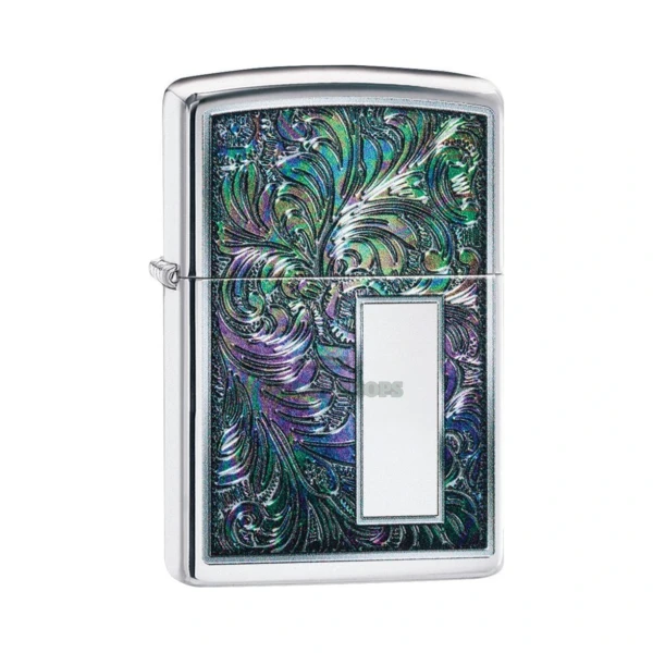 Zippo Colorful Venetian Design lighter 49139 in high polish chrome with multi-color floral filigree front, lid closed