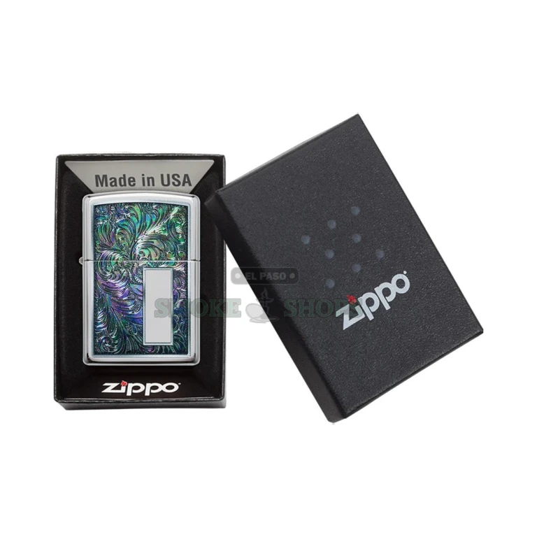 Close-up of the multi-color Venetian floral filigree pattern on the chrome Zippo 49139