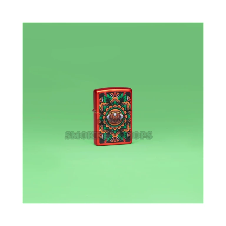 Metallic Red Zippo 48678 lighter shown open with the lid up and the windscreen chimney visible