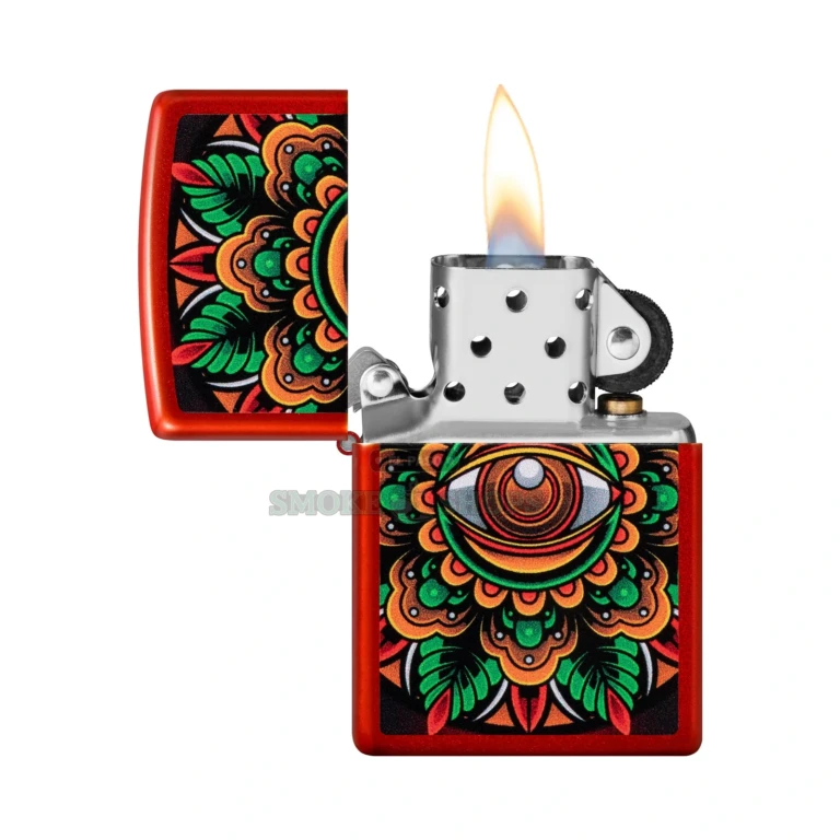 Close-up of the Color Image all-seeing-eye mandala graphic across the red Zippo case