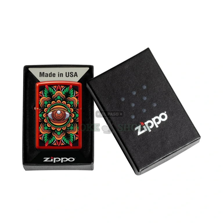 Zippo Counter Culture Eye Design windproof lighter in Metallic Red, model 48678, closed front view showing the all-seeing-eye mandala