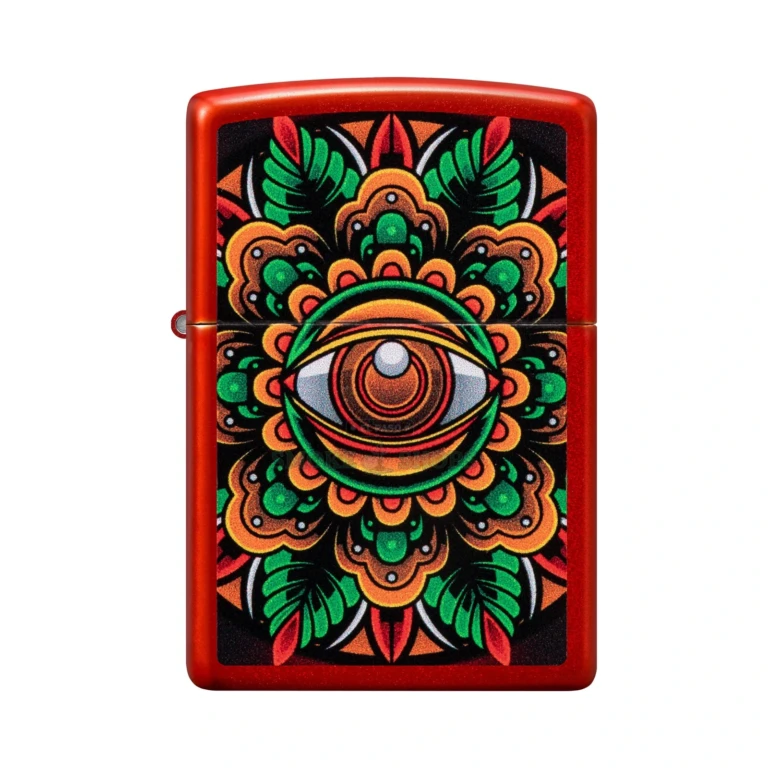 Zippo Counter Culture Eye Design windproof lighter in Metallic Red, model 48678, closed front view showing the all-seeing-eye mandala