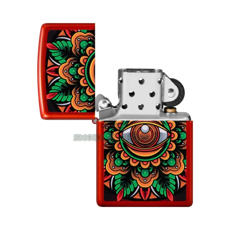 Zippo Counter Culture Eye Design windproof lighter in Metallic Red, model 48678, closed front view showing the all-seeing-eye mandala
