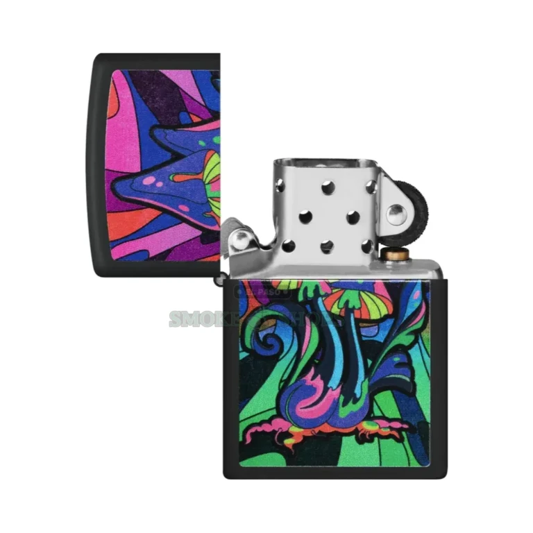 Zippo Counter Culture mushroom lighter 48386 with vibrant mushroom art on a black-matte windproof case