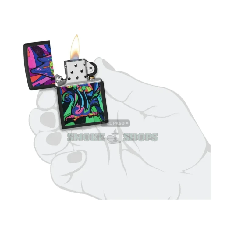 Zippo Counter Culture mushroom lighter 48386 with vibrant mushroom art on a black-matte windproof case