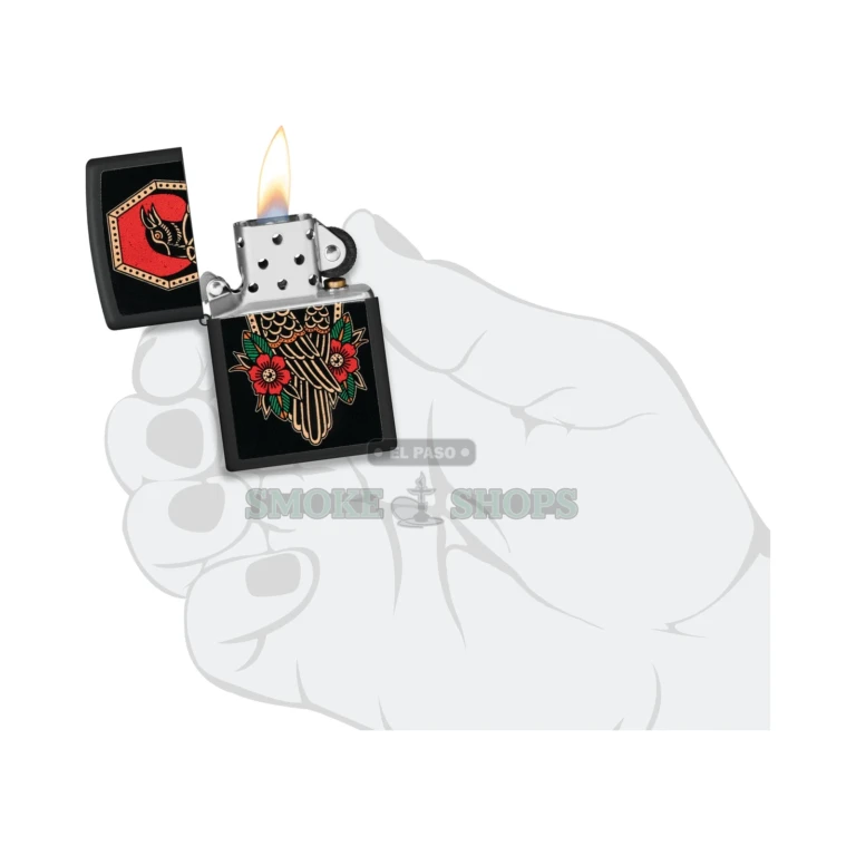 Zippo Crow Tattoo Black Matte lighter presented in its Zippo gift box