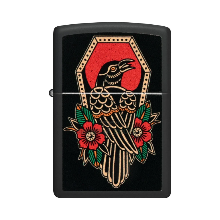 Zippo Crow Tattoo Black Matte windproof lighter model 48611 with a jet-black crow among bold florals on a matte brass case