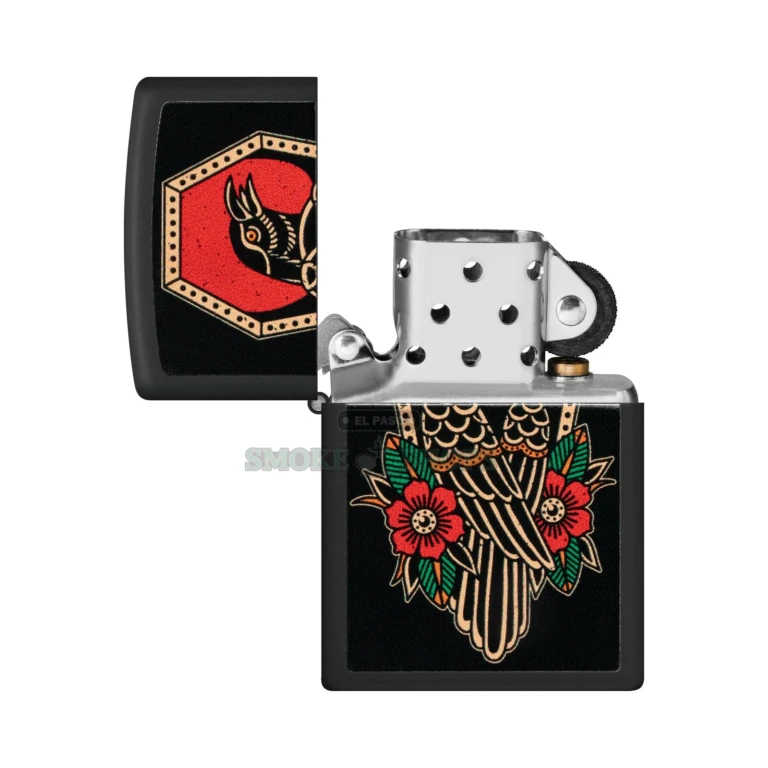 Zippo Crow Tattoo Black Matte windproof lighter model 48611 with a jet-black crow among bold florals on a matte brass case